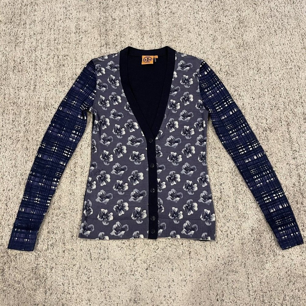 Tory Burch Cardigan Sz Small Blue Floral Stripe 100% Wool Logo Stamped Buttons